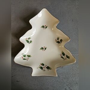 Vintage Royal Limited Holly Holiday Tree  Shaped Snack Dish Christmas Gold Lined